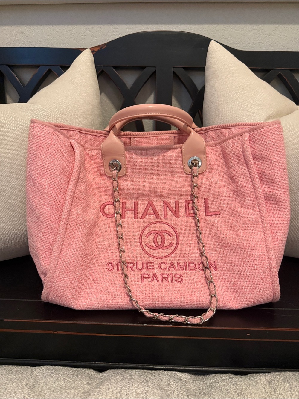 Pink Canvas Logo Tote with Chain-Trim Handles